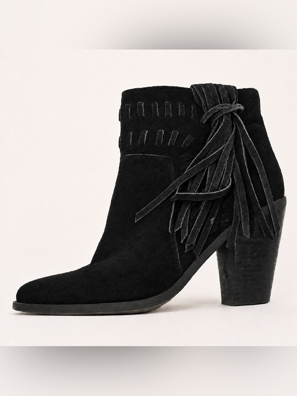 Jessica Simpson Women's Zippered Black Suede Ankle Heeled Boots with Fringe Boho